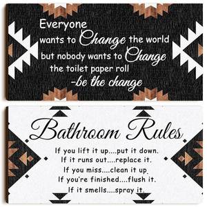 lot 2042 image: Jetec 2 Pieces Funny Bathroom Signs Bathroom Wall Decor Toilet Wall Accessories Farmhouse Toilet Rustic Wooden Signs, 12x6 Inch(Boho Style)