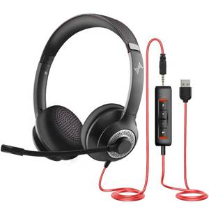 lot 4210 image: JIAMQISHI USB Headset with Microphone for PC, On-Ear Computer Laptop Headphones with Noise Cancelling Microphone in-line Control for Home Office Online Class Skype Zoom (USB3.5mm, Black)