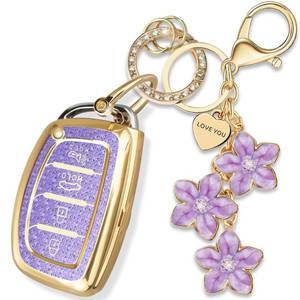lot 4219 image: Yekoubo Purple TPU Key Fob Cover with Sakura Flower Keychain Compatible with Hyundai Tucson Santa Fe Santa Fe Sport Sonata Sonata Sport Elantra GT Elantra Ioniq 4-Button Smart Key for Women