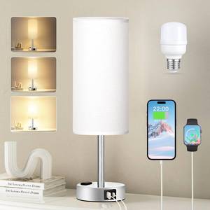 lot 4249 image: Fenmzee White Touch Bedroom Table Lamp - 3 Way Dimmable Bedside Lamp USB C A Charging Ports and AC Outlet, Small Lamp Nightstand with Silver Base for Living Room, Office Desk, LED Bulb Included