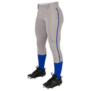 lot 4253 image: Champro Womens Tournament Low Rise Softball Pants with Side, Grey, Royal Pipe, Large