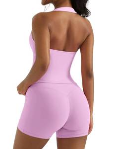 lot 4288 image: OMKAGI 2 Piece Workout Sets for Women Halter Sports Bra Tank Gym Biker Shorts Outfits(L,431-Light Pink)
