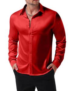 lot 4292 image: JEMITOP Mens Satin Shiny Luxury Slim fit Dress Shirt Red XXL