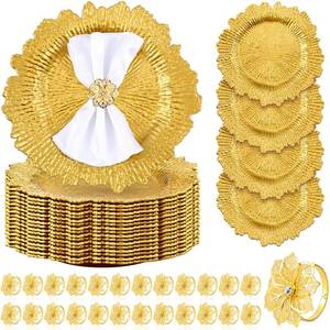 lot 5512 image: Dandat 24 Pcs Charger Plate Bulk 13 Floral Reef Plates with Napkin Ring Plastic Dinner Charger Hollow Out Flower Napkin Holder Plastic Plate for Table Setting Wedding Party (Gold)
