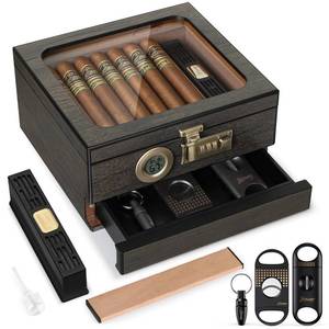 lot 5515 image: Tesonway Cigar Humidor,Cedar Wood Humidor Cigar Box,Glass Top Desktop Humidor with Digital Thermo-Hygrometer, Humidifier, Divider, Accessories Drawer and Combination Lock,Cigar Gift for Men