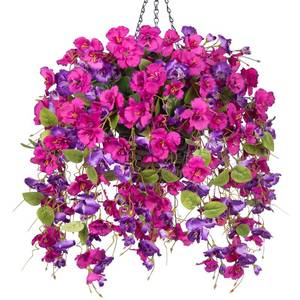 lot 5528 image: Artificial Fake Hanging Hibiscus Flowers Plants Baskets for Outdoor Outside Spring Summer Decoration, Faux Silk Hibiscus Long Vines in Planter UV Resistant Realistic Flowers (PurpleDarkPurple)