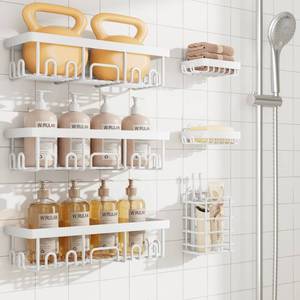 lot 5529 image: Veken 6-Pack Rustproof&Waterproof Shower Caddy, Adhesive Shelves Rack with Soap Holder, Large Bathroom & Washroom Organizer, No Drilling Wall-Mounted Kitchen&Home Decor,Ideal for Bathtub Storage,White