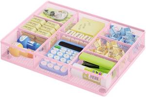 lot 5551 image: Marbrasse Pink Desk Drawer Organizer, Metal Mesh Drawer Organizer Tray with 5 Adjustable Compartments,Desk Organizers and Accessories for Home,Office,Kitchen,Makeup,Vanity (Pink)