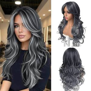 lot 6346 image: Aientt Dark Grey Highlight Layered Wig with Curtain Bangs,Long Gray Layered Synthetic Wavy Middle Part Butterfly Natural Wigs for Black and White Women Party Cosplay Costume 24Inch 1BGREY