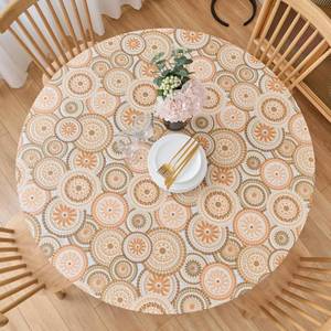 lot 6373 image: LIBERECOO Round Fitted Tablecloth with Elastic, Flannel Backed Vinyl Tablecloths for 40 - 44 Tables, Waterproof Wipeable Reusable Plastic Table Cloth for Indoor & Outdoor, Boho Sunburst Medallion
