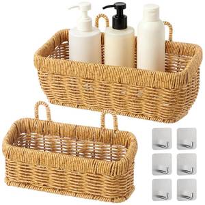 lot 7209 image: Skdqiee 2 PCS Wall Hanging Baskets, Woven Storage Organizer Set, Rattan Style Shelf with Adhesive Hooks, Metal Frame Basket, Bohemian Decor Holder for Bathroom Kitchen Living Room