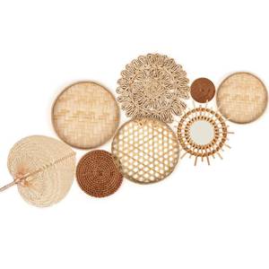 lot 7211 image: Unittype Wall Basket Decor Set of 8 Boho Wicker Wall Handmade Decor with Rattan Mirror Farmhouse Woven Hanging Basket for Bathroom Bedroom Living Room