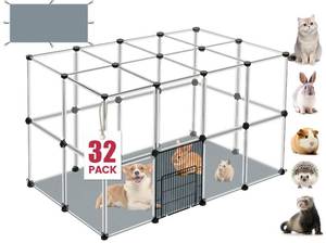 lot 7214 image: 32 Panels Small Animal Playpen, 48 x 32 x 24 Transparent Playpen with Waterproof Mat,Plastic Enclosure,Puppy Play Pen for Chicken,Pet Fence for Guinea Pigs,Bunny,Ferrets,Hamsters,Hedgehogs Indoor