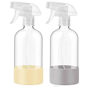 lot 7220 image: JohnBee Glass Spray Bottles with Silicone Sleeve, 2 Pack16 oz Empty Refillable Containers with Adjustable Spray Nozzles, Spray Bottles for Hair, Cleaning Solutions and Plants Pale Yellow&Grey