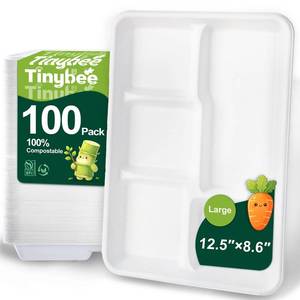 lot 7239 image: Tinybee 100% Compostable 5 Compartment Paper Plates 12.5  8.6 Inch 100-Pack Large Heavy Duty Divided Disposable Eco-Friendly Bagasse Plates Lunch Trays for BuffetPartySchool (BPI-Certified) White
