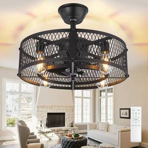 lot 7240 image: DLLT Caged Ceiling Fan with Light 20 Farmhouse Fandelier with Lights and Remote Control - Black Rustic Semi Flush Mount Bladeless Ceiling Fans Enclosed Fan for Bedroon Kitchen Living Dining Room