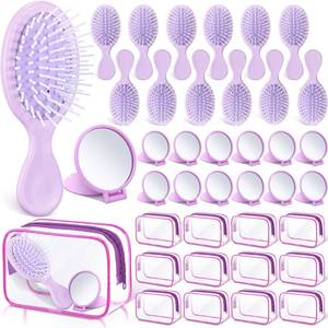 lot 7244 image: Meanplan 36 Pcs Mini Hair Brush Set 12 Wet Dry Hair Combs Detangling 12 Compact Folding Makeup Mirror Round and 12 Clear Makeup Bags Pocket portable for Women Party Gift Travel Spa Sleepover(Purple)