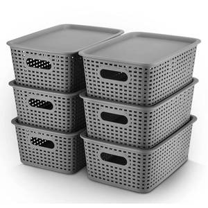 lot 8119 image: AREYZIN Plastic Storage Baskets Bins With Lid Organizing Container Lidded Knit Storage Organizer Bins for Shelves Drawers Desktop Closet Playroom Classroom Office, 6 Pack