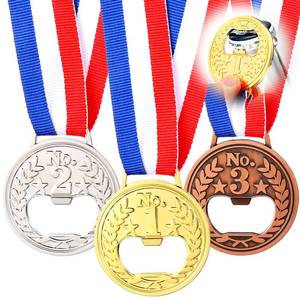 lot 8123 image: Honeydak 3 Pieces Medal Shaped Flat Bottle Opener Winner Award Metal Gold Silver Copper Medal Trophy Opener with Neck Ribbon for Party Game Bar Bartender Men Kitchen Restaurant