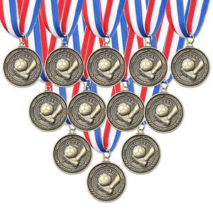 lot 8135 image: RoundFunny 12 Pack Soccer Medals Winner Award Medals Soccer Trophy with Neck Ribbon Sports Competitions Celebration Party Favors Prizes Team Gifts, 2 Inches