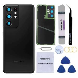 lot 8144 image: Perzework Rear Back Glass Replacement for Samsung Galaxy S21 Ultra 5G with Pre-Installed Adhesive and Repair Tool Kits (Phantom Black)