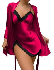 lot 8160 image: SEAUR Womens Silk Robe Set V-neck 2 Piece Bridal Party Robes and Satin Pajama Sets Sleepwear Sexy Lace Cami Nightwear Kimono Bridesmaid Robes Red S