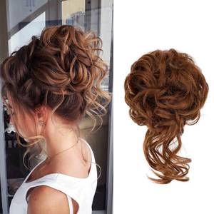 lot 8182 image: FeidyLong Light Auburn Wavy Curly Messy Bun Hair Piece Elastic Hair Band Hair Pieces Scrunchie for Women Curly Chignon Ponytail Hairpiece