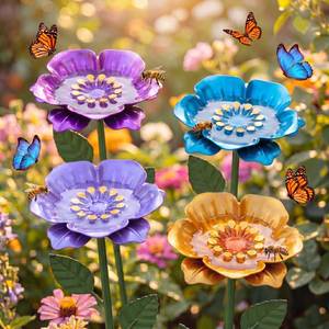 lot 8195 image: Bee Watering Station, 4 Pack Metal Flower Feeder with Perch for Bees and Butterflies, Yard Stake Butterfly Bee Bath for Garden Patio Outdoor Decor, Unique Gifts for Women Gardener
