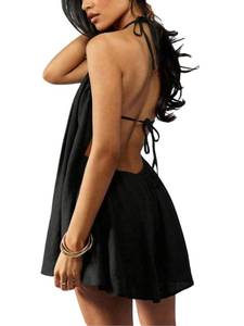 lot 8211 image: Verdusa Womens Backless Cami Dress Romper Linen Mini Dresses Tie Halter Ruffle Beach Vacation Outfits Black X-Small