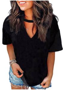 lot 8224 image: Womens Casual Loose Fit V Neck T Shirts Summer Sexy Hollow Out Deep Neck T-Shirt Tops Basic Short Sleeve Tee Blouses(Solid Black,Medium)