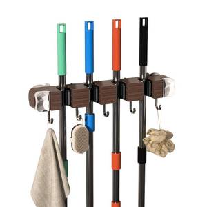 lot 8233 image: ZNYOPA Suction Cup No Drilling Broom Holder Wall Mount, Walnut Color Mop Organizer Wall Hanging, 4 Racks 5 Hooks Tool Organizer Hanger Self Adhesive for Home, Garage, Garden, Laundry, Kitchen