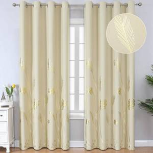 lot 8236 image: Estelar Textiler Beige Curtains 90 Inches Long, Room Darkening Curtains for Bedroom, Thermal Insulated Drapes with Gold Foil Print Palm Leaf Pattern for Living Room, 52Wx90L, 2 Panels