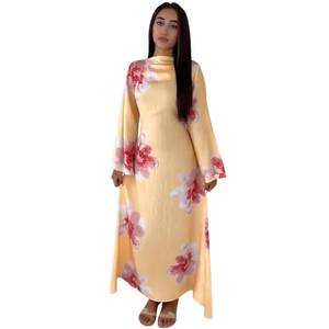 lot 8237 image: Muslim Clothes for Women Abaya Dress Bell Sleeve Floral Print Maxi Dress Butterfly Abayas Dubai Kaftan Friday Prayer Dresses for Eid Ramadan Arab Long Robe Caftan Salah Wedding Party Cream Yellow S