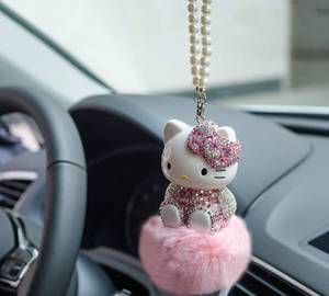 lot 8244 image: Cute Mirror Charms and Plush Ball Car Accessories for Women - Crystal and Diamond Cat Rear View Mirror Hanging Ornaments and Decor