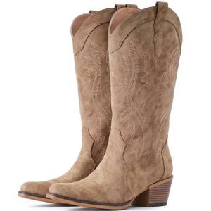 lot 8253 image: IUV Cowboy Boots For Women Western Cowgirl Boots Mid Calf Snip Toe