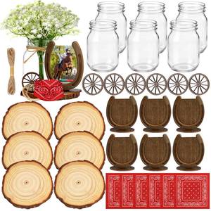 lot 9593 image: Bucherry 6 Sets Western Cowboy Centerpieces for Table Wild Cowgirl Rodeo Party Decorations with Wood Chips Wheels Mason Bouquets Ropes Horseshoe Headscarves for Wedding Party Birthday Decor(Classic)