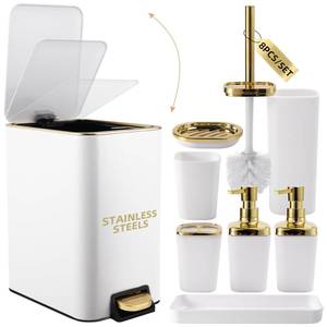 lot 9596 image: XLHOMO White Bathroom Accessories Set 8 Piece White and Gold Bathroom Set, Bathroom Sets with Stainless Steel Trash Can,Toilet Brush,Toothbrush Set,Soap Dispenser