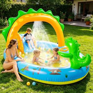 lot 9620 image: SULIFEEL 2026 Inflatable Dinosaur Play Center Kiddie Pool with Slide and Sprinkler for Children, Toddler Blow Up Splash Pad for Backyard and Garden 96x59x39