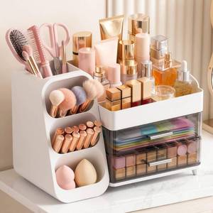 lot 9651 image: Large Capacity Makeup Organizer Countertop with Makeup Brush Holder for Vanity, Thickened Material, Bathroom Countertop Organizer Skin Care Perfumes Storage, Teen Girl Gifts for 12-23 Year��white��