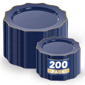 lot 9669 image: WDF 200pcs Blue Plastic Plates - Navy Blue Plates Disposable - Heavy Duty Plastic Plate for WeddingsPartiesBirthdayIndependence DayFathers Day