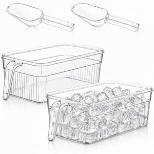 lot 9686 image: Havawish Ice Storage Bin and Flexible Scoop Set Plastic Freezer Bin with Pull out Handle Storage Bucket Clear for Container with Scoop(White,12.6 x 6.3 x 4.33 in,Stripe)