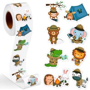 lot 10161 image: Qeeenar 1 Roll Stickers Decal Reward Cute Office Supplies Incentives Animals Sticker Halloween Party Favor, 500 Pcs Each Roll(Camping Animal)