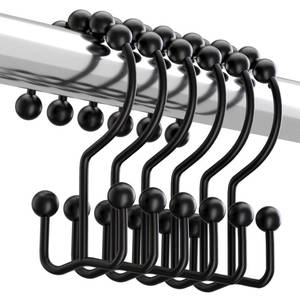 lot 10194 image: Titanker Black Shower Curtain Hooks Rings, Rust-Resistant Metal Double Glide Shower Hooks for Bathroom Shower Rods Curtains, Set of 12 Hooks - Matte Black