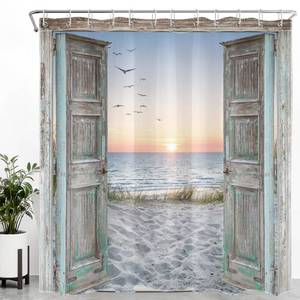 lot 10201 image: MEUNEAR Farmhouse Barn Door Beach Shower Curtain with Hooks Coastal Ocean Sunset Seaside Landscape Fabric Shower Curtain Vintage Country Wood Bathroom Curtains Shower Set, 72Lx72W inches