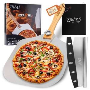 lot 11649 image: ZAVRO Aluminum Pizza Peel & Stainless Steel Rocker Cutter Set - 12 x 14 Inch Metal Pizza Paddle,Foldable Wooden Handle,Storage Bag, Lightweight Pizza Spatula for Home and Outdoor Pizza Oven