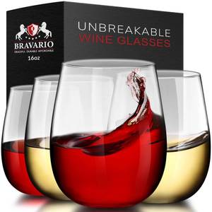 lot 11653 image: Bravario Unbreakable Stemless Plastic Wine Glasses  Reusable  Shatterproof 100% Tritan Plastic  Dishwasher-Safe  BPA-free  Awesome for Indoor & Outdoor  16 oz, Set of 4