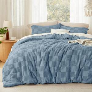 lot 11657 image: Bedsure King Size Comforter Set Mineral Blue, Boho Tufted Bed Set, Checkered Farmhouse-Style Distressed Vintage Bedding, 3 Pieces, 1 Plaid Geometric Comforter and 2 Pillow Shams