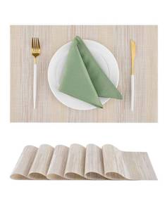 lot 12091 image: Leetaltree Lightsteel Beige with Yellow Placemats Set of 6 - Heat Resistant Non-Slip Place mats for Dining Table, Washable Durable PVC Vinyl Woven Table Mats (Lightsteel Beige with Yellow, 6)