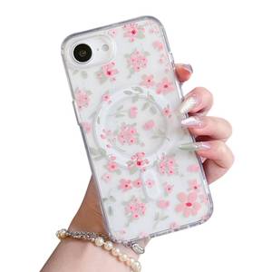 lot 12188 image: QLTYPRI Magnetic for iPhone 17e  iPhone 16e Case Compatible with Magsafe, Cute Floral Flower Aesthetic Phone Case Slim Clear Anti-Yellowing Shockproof Phone Cover for Girls Women - Pink