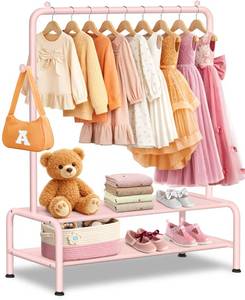 lot 13324 image: mirolam Kids Clothing Rack - Dress Up Storage - Dress Up Rack for Little Girls - Small Kids Costume Wardrobe with 2 Fabric Shelves - Princess Room Bedroom Decor